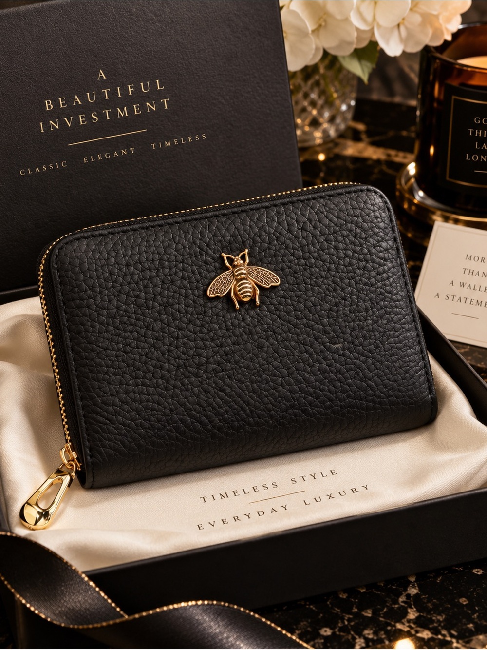 Animalier Black Leather Zip Card Holder with Gold Bee Accent